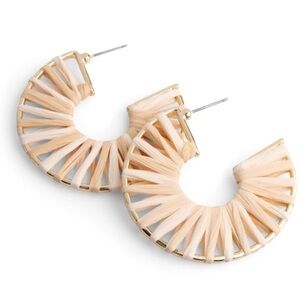 NWOT Gold Tone Hoop Earrings with Beige and White Rattan, Boho and Beachy